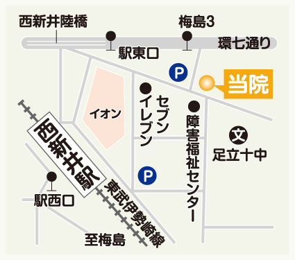 ▲足立区梅島西新井駅東口から徒歩3分。障害福祉センタ-向えにある歯医者です。