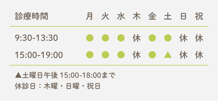 診療時間 9:30-13:30 15:00-19:00 ▲土曜日午後 15:00-18:00まで 休診日:木曜・日曜・祝日
